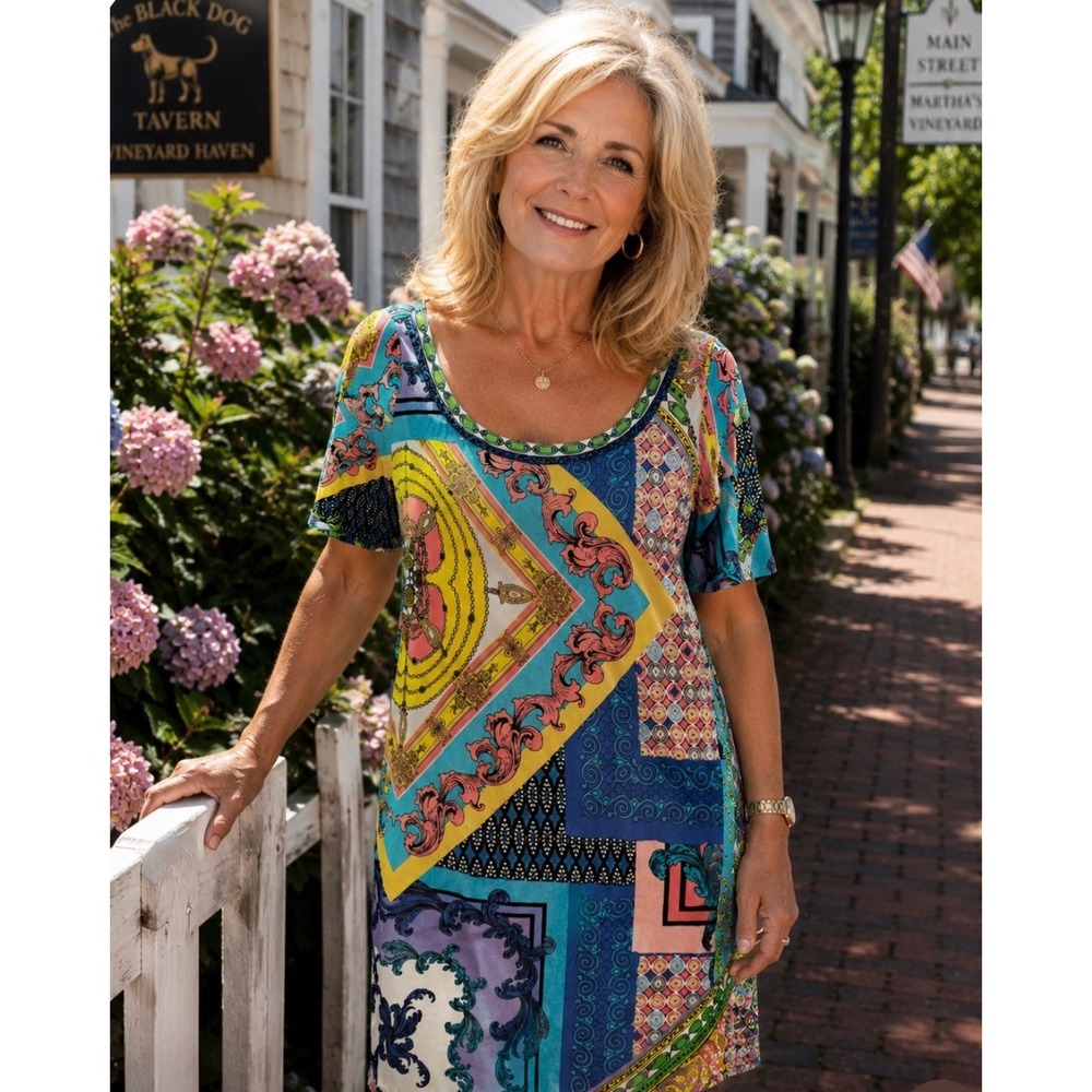 Hale Bob dress vibrant vibrant patchwork mid-sleeve sheath size large